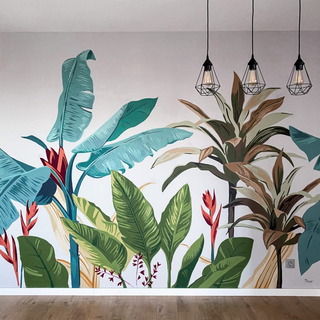Mural personalizado de plantas en interior realizado por nuestros grafiteros a domicilio.