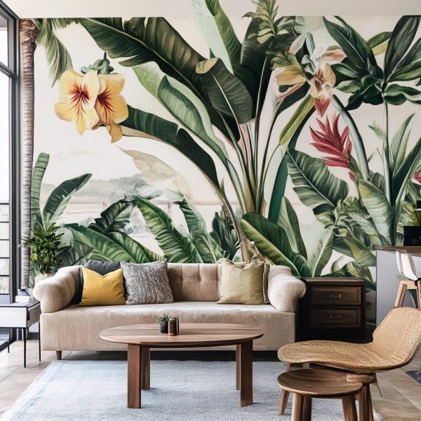 Mural de plantas pintado a mano en pared interior