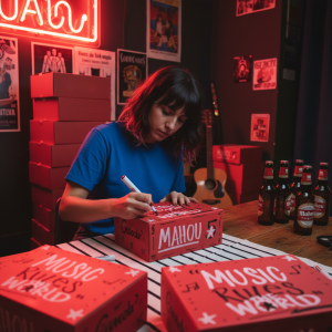 Mujer artista personalizando cajas de cartón de Mahou a mano con un rotulador, en un evento de activación de marca.